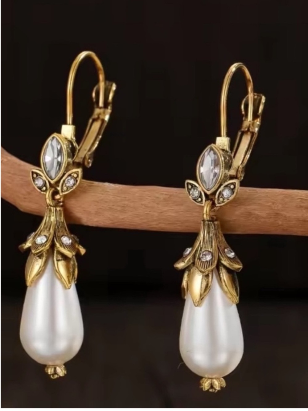 Vintage Gold and White Pearl Teardrop Earrings